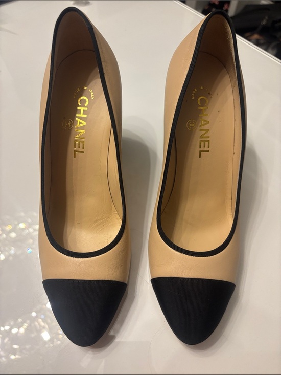 CHANEL Shoes - CHANEL Beige Leather Pumps with Black Cap Toe
